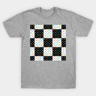 Primary Coloured Discs on Black & White Check T-Shirt